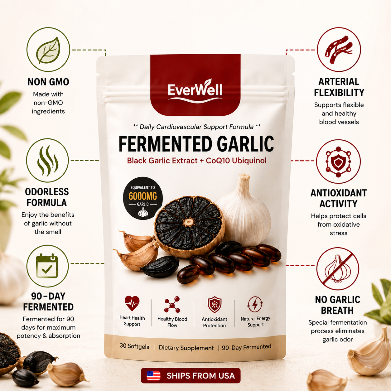 EverWell® Fermented Black Garlic Extract + CoQ10 Ubiquinol - 6000mg Odorless Softgels