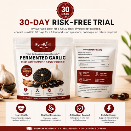 EverWell® Fermented Black Garlic Extract + CoQ10 Ubiquinol - 6000mg Odorless Softgels