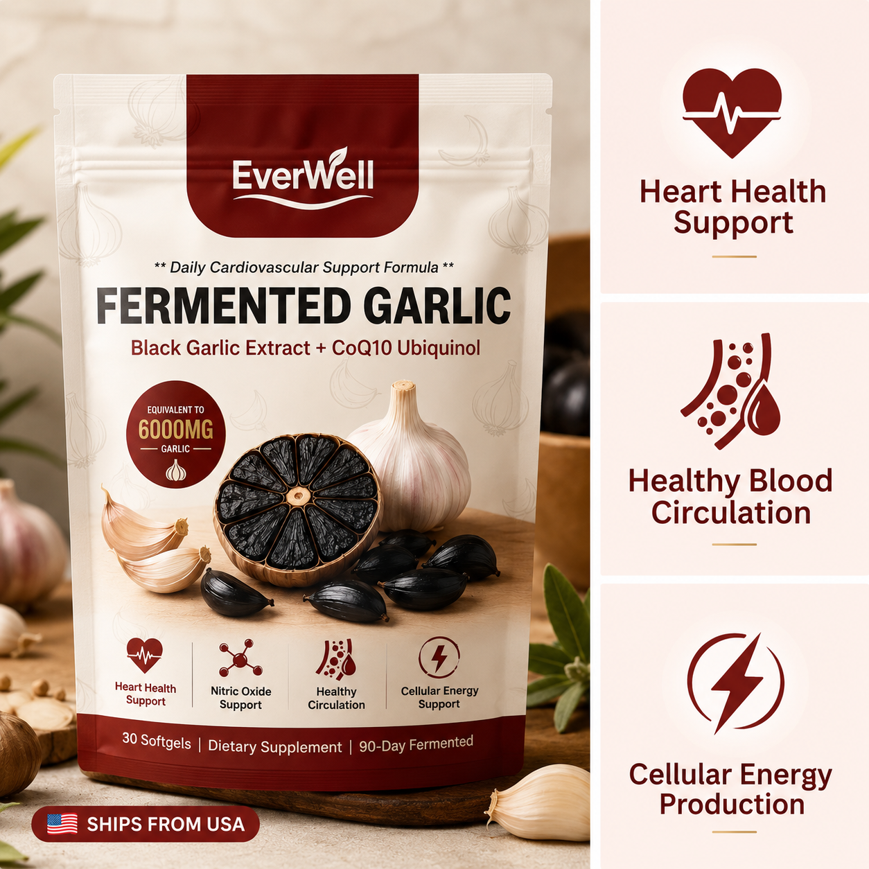 EverWell® Fermented Black Garlic Extract + CoQ10 Ubiquinol - 6000mg Odorless Softgels